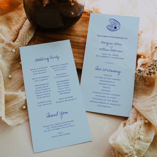 Modern blauw Mediterraan Shell Trouwprogramma Programmakaart