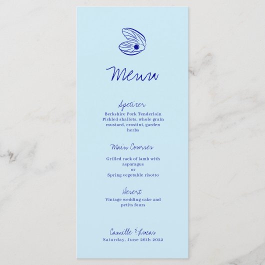 Modern blauw Mediterraan Shell Wedding Menu (Voorkant)