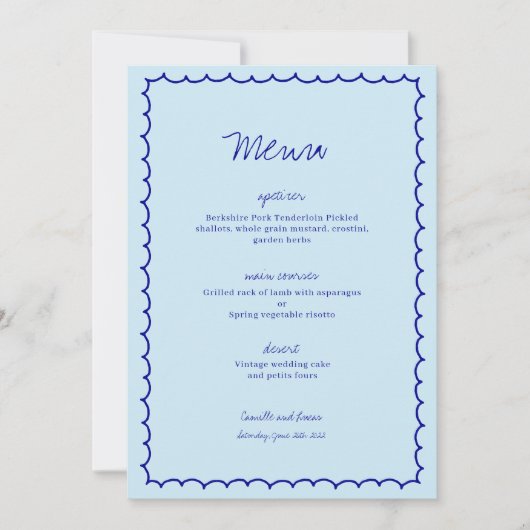 Modern blauw Mediterraan Shell Wedding Menu Kaart (Voorkant)