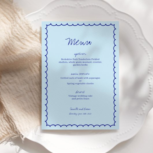 Modern blauw Mediterraan Shell Wedding Menu Kaart