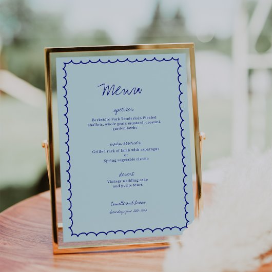 Modern blauw Mediterraan Shell Wedding Menu Kaart