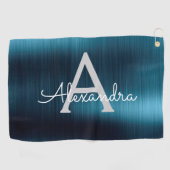 Modern Blauw Metallic Folie Monogram Naam Golfhanddoek (Horizontaal)