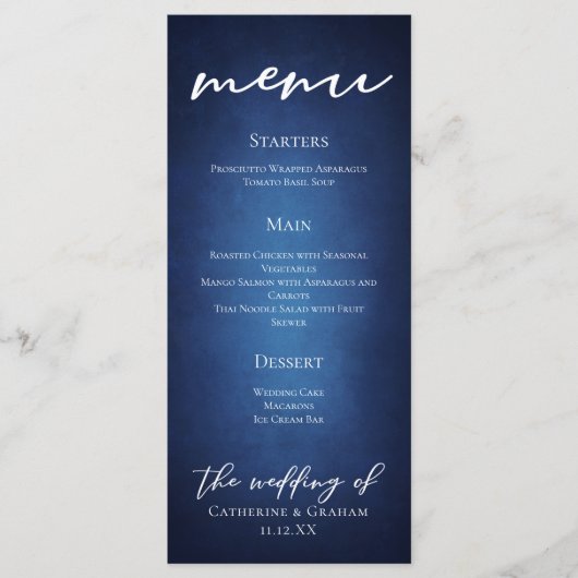 Modern blauw minimalistisch avondbruiloft diner menu (Voorkant)