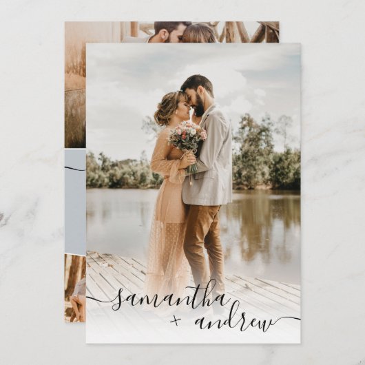 Modern blauw minimalistisch script 5 foto's bruilo kaart (Voorkant / Achterkant)