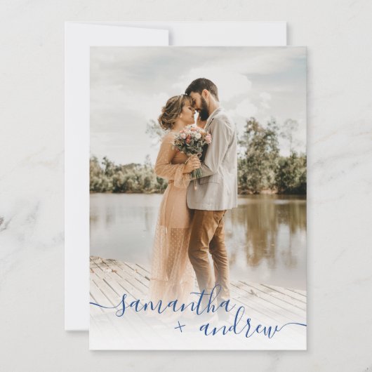 Modern blauw minimalistisch script 5 foto's bruilo kaart (Voorkant)