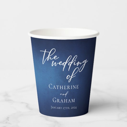Modern Blauw Minimalistisch Waterfront Avondbruilo Papieren Bekers (Achterkant)