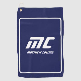 Modern blauw monogram minimalistisch wit naam eenv golfhanddoek