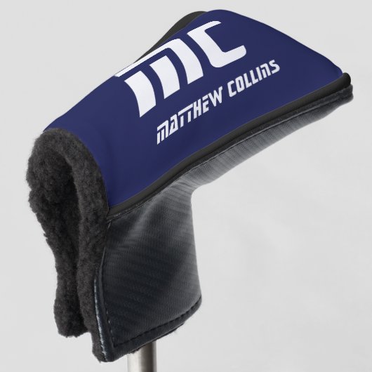 Modern blauw monogram minimalistisch wit naam eenv golfheadcover (3/4 voorkant)