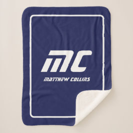 Modern blauw monogram minimalistisch wit naam eenv sherpa deken