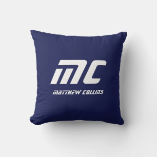 Modern blauw monogram minimalistische naam witte t kussen