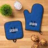 Modern blauw monogram naam mannen ovenwant & pannenlap set (Top down)