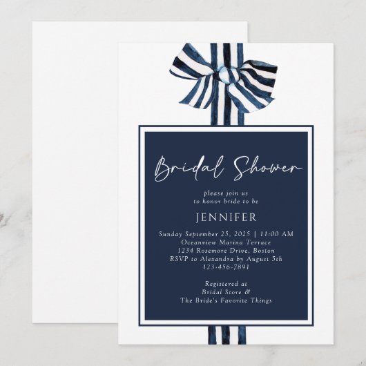 Modern blauw nautische streep lint Vrijgezellenfee Kaart (Voorkant / Achterkant)