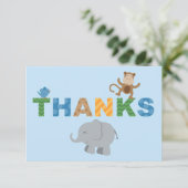 Modern Blauw Oerwoud Dieren Jongen Baby shower Bedankkaart (Staand voorkant)