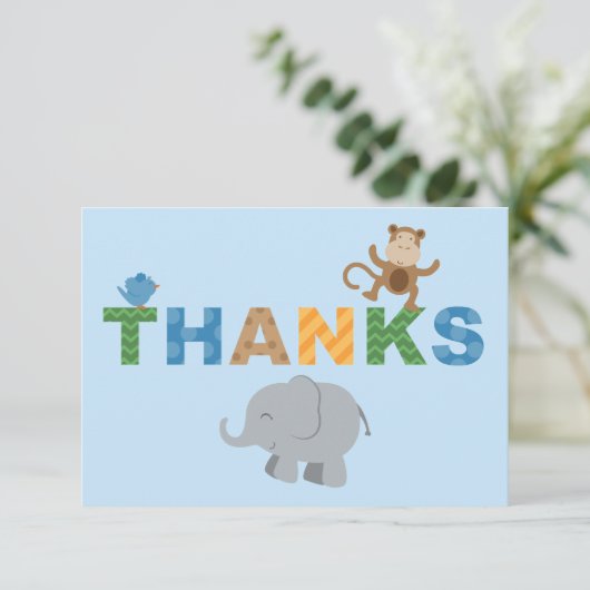 Modern Blauw Oerwoud Dieren Jongen Baby shower Bedankkaart (Staand voorkant)