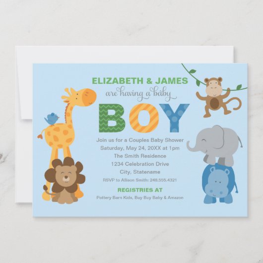 Modern Blauw Oerwoud Dieren Jongen Baby shower Kaart (Voorkant)