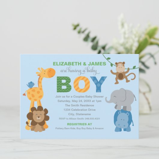 Modern Blauw Oerwoud Dieren Jongen Baby shower Kaart (Staand voorkant)