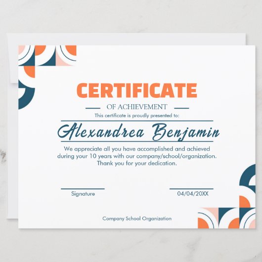 Modern Blauw Oranje Certificaat van Prestatie Prof (Voorkant)