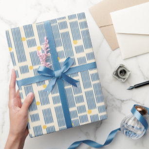 Modern blauw organische lijnen en gele stippen Jap Cadeaupapier