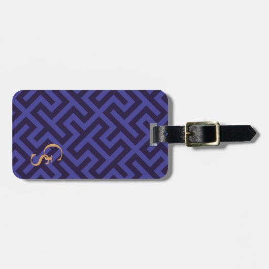 Modern blauw paars geometrisch patronenmonogram bagagelabel (Voorkant horizontaal)