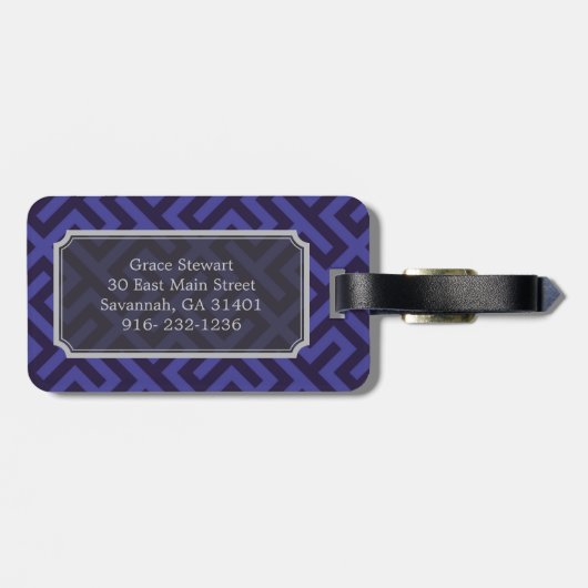 Modern blauw paars geometrisch patronenmonogram bagagelabel (Achterkant horizontaal)