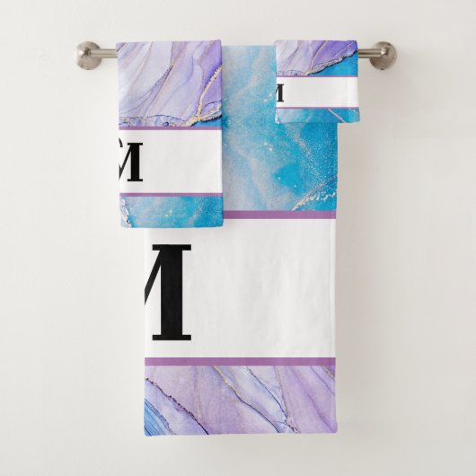 Modern blauw & Paarse gemarmerde alcoholinkt monog Bad Handdoek (Insitu)