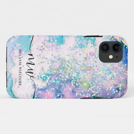 Modern blauw paarse glitter chic monogram Case-Mate iPhone case (Achterkant (horizontaal))