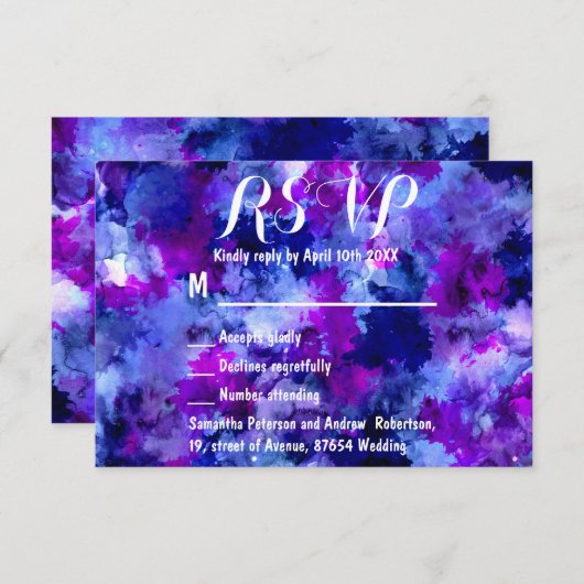 Modern blauw paarse waterverf bruiloft RSVP (Voorkant / Achterkant)