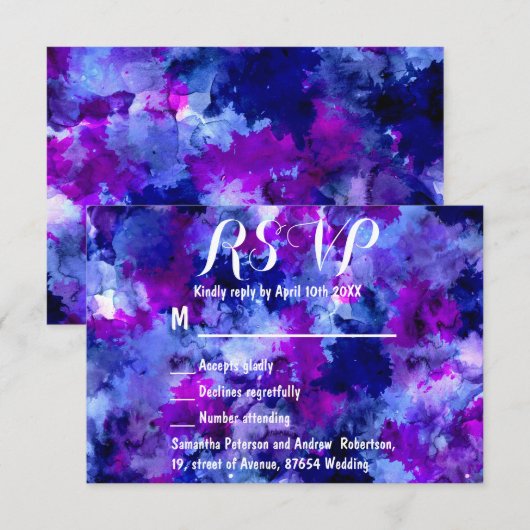 Modern blauw paarse waterverf bruiloft RSVP Kaartje (Voorkant / Achterkant)