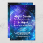 Modern Blauw Paarse Waterverf Galaxy Bat Mitzvah Kaart<br><div class="desc">Als u op zoek bent naar coole galaxy thema vleermuis mitzvah feestideeën voor uw feest, hier is een elegante DIY-sjabloon die gemakkelijk kan worden gepersonaliseerd met namen, evenementgegevens en rsvp-informatie. Het unieke universum-ontwerp van de kunstenares Raphaela Wilson heeft een prachtige werveling van donkerblauw, ultraviolet paarse, turkoois en licht blauwgroen waterverf...</div>