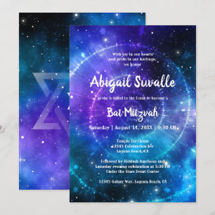 Modern Blauw Paarse Waterverf Galaxy Bat Mitzvah Kaart