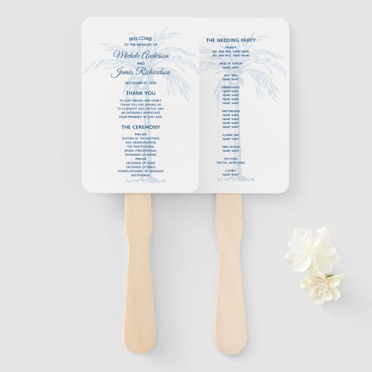 Modern Blauw Palm Tropisch Strand Trouwprogramma Handwaaier (Voorkant en achterkant)