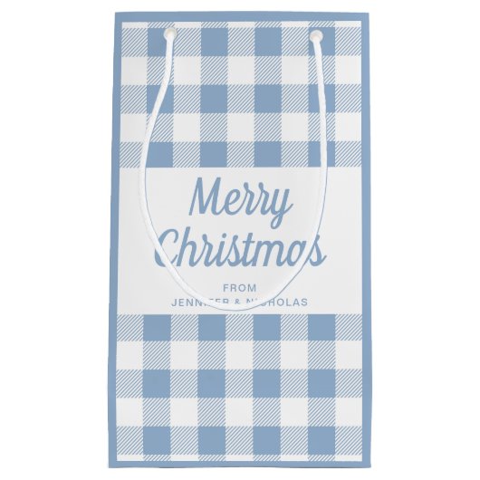 Modern Blauw Plaid Script Vrolijk Kerstfeest Klein Cadeauzakje (Voorkant)