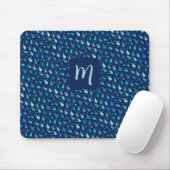 Modern blauw regendruppels monogram muismat (Met muis)
