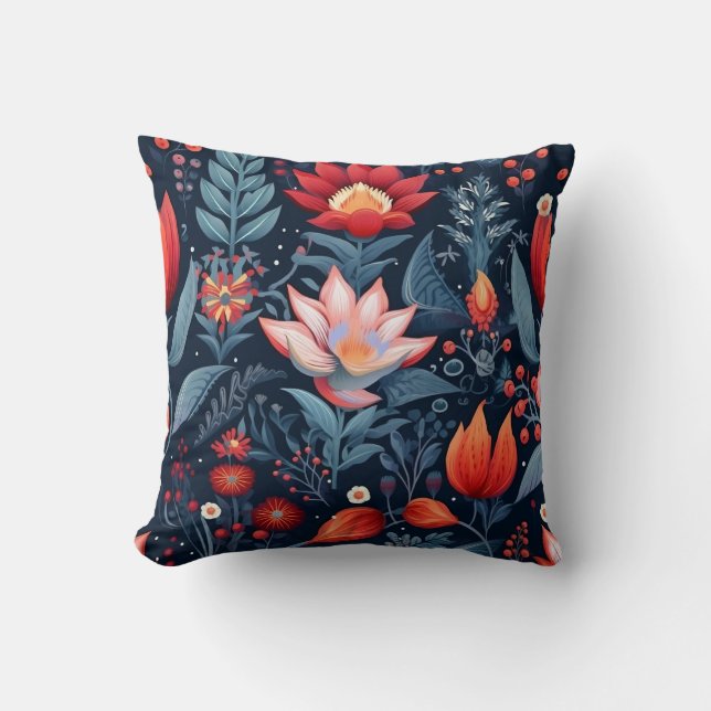 Modern Blauw Rood Bloemen Donker Patroon Decor Kussen (Voorkant)