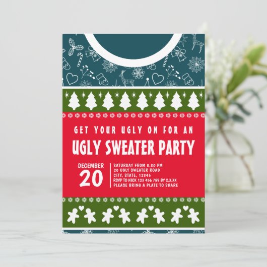 Modern Blauw Rood en Groen Lelijke Trui Kerstfeest Kaart (Staand voorkant)