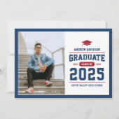 Modern blauw rood foto Afstuderen Aankondiging (Voorkant)