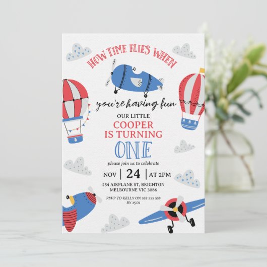 Modern Blauw Rood Foto Hoe De Tijd Vliegt 1e Verja Kaart (Staand voorkant)