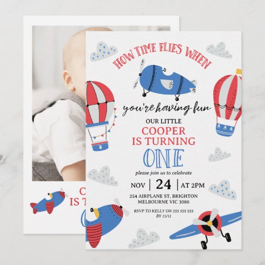 Modern Blauw Rood Foto Hoe De Tijd Vliegt 1e Verja Kaart (Voorkant / Achterkant)