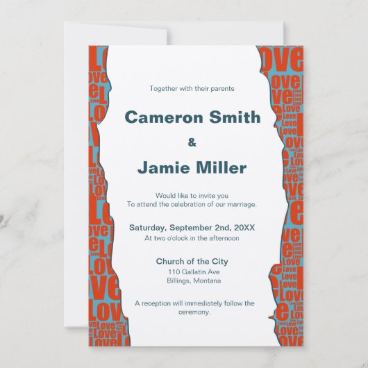 Modern Blauw Rood Liefde Rand Ecru Bruiloft Kaart (Voorkant)