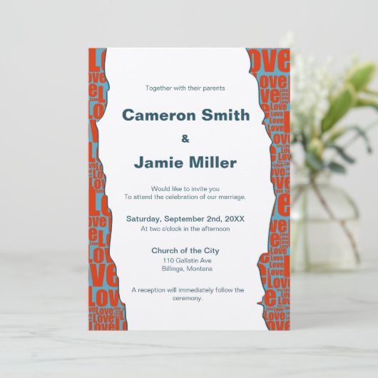 Modern Blauw Rood Liefde Rand Ecru Bruiloft Kaart (Staand voorkant)