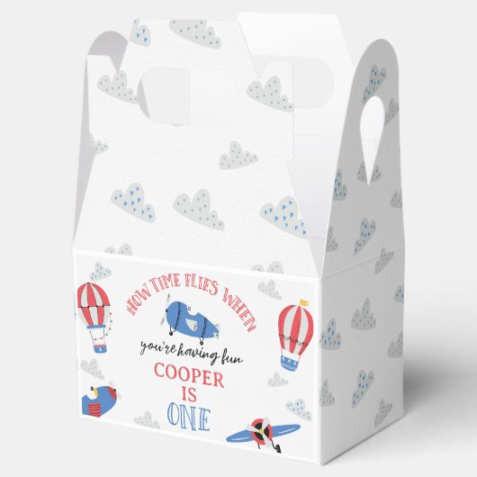 Modern blauw rood vliegtuig Hoe de tijd vliegt 1e  Bedankdoosjes (Geopend)