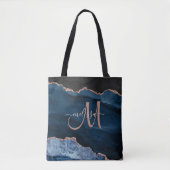 Modern Blauw Roos Goud Glitter Agaat Monogram Naam Tote Bag (Voorkant)