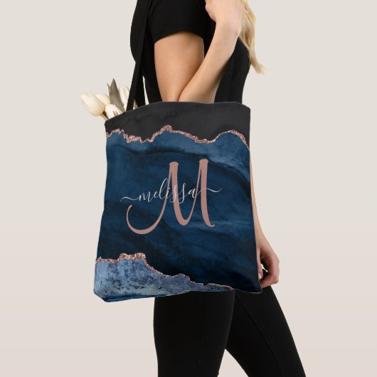 Modern Blauw Roos Goud Glitter Agaat Monogram Naam Tote Bag (Dichtbij)