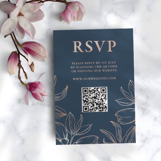 Modern Blauw & Roos Gouden Foliage RSVP QR Huwelij