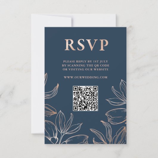 Modern Blauw & Roos Gouden Foliage RSVP QR Huwelij (Voorkant)