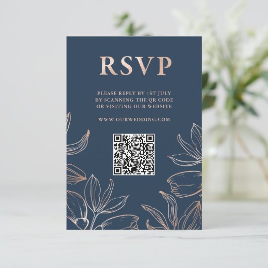 Modern Blauw & Roos Gouden Foliage RSVP QR Huwelij (Staand voorkant)