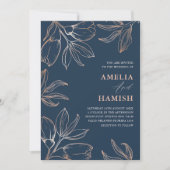 Modern Blauw & Roos Gouden Foliage Wedding Kaart (Voorkant)