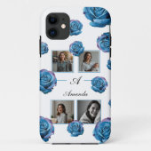 Modern Blauw Roos Monogram Fotocollage Aangepaste  Case-Mate iPhone Case (Achterkant)