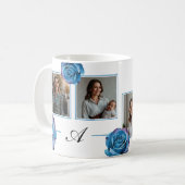 Modern Blauw Roos Monogram Fotocollage Aangepaste Koffiemok (Voorkant links)
