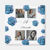 Modern Blauw Roos Monogram Fotocollage Aangepaste Magneet (Voorkant)